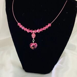 Stunning Pink Heart Crystals Floating Beautiful Illusion Necklace